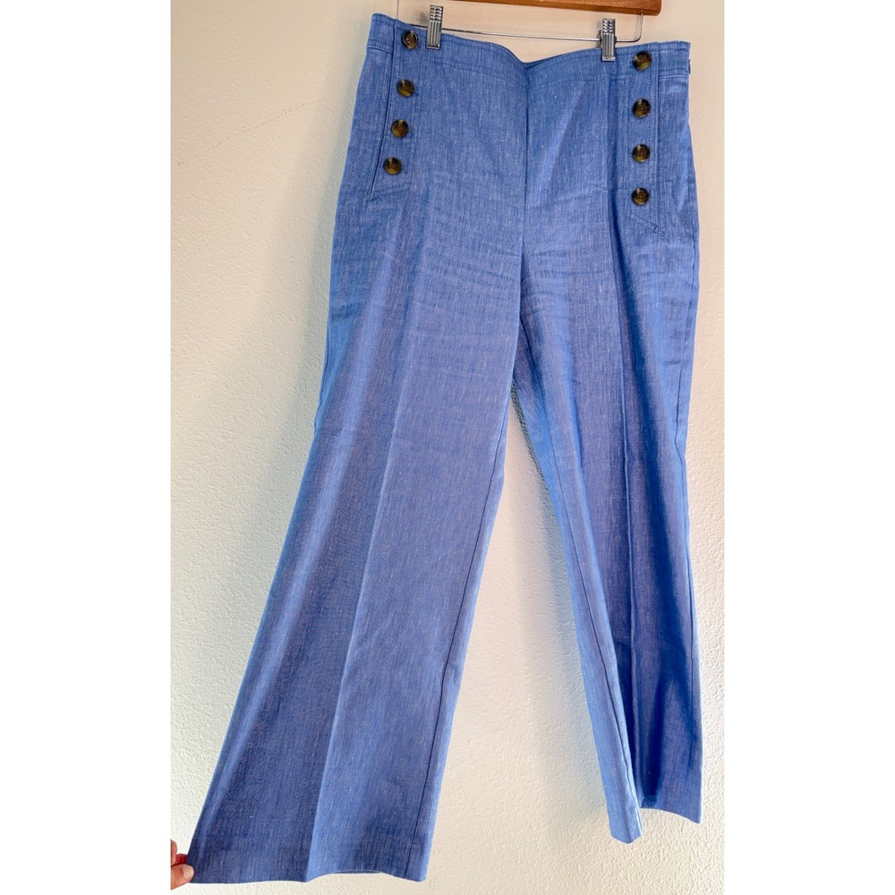 Ann Taylor Blue Linen Blend Sailor Pants High Waisted Trousers Preppy Workwear 8